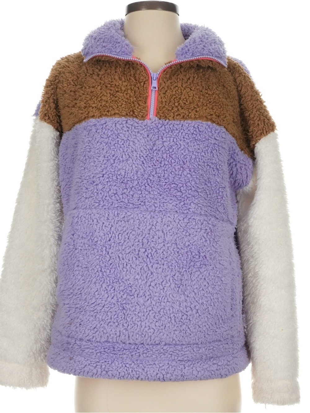 Cozy Colorblock Fleece Pullover - Lavender, Brown & Cream